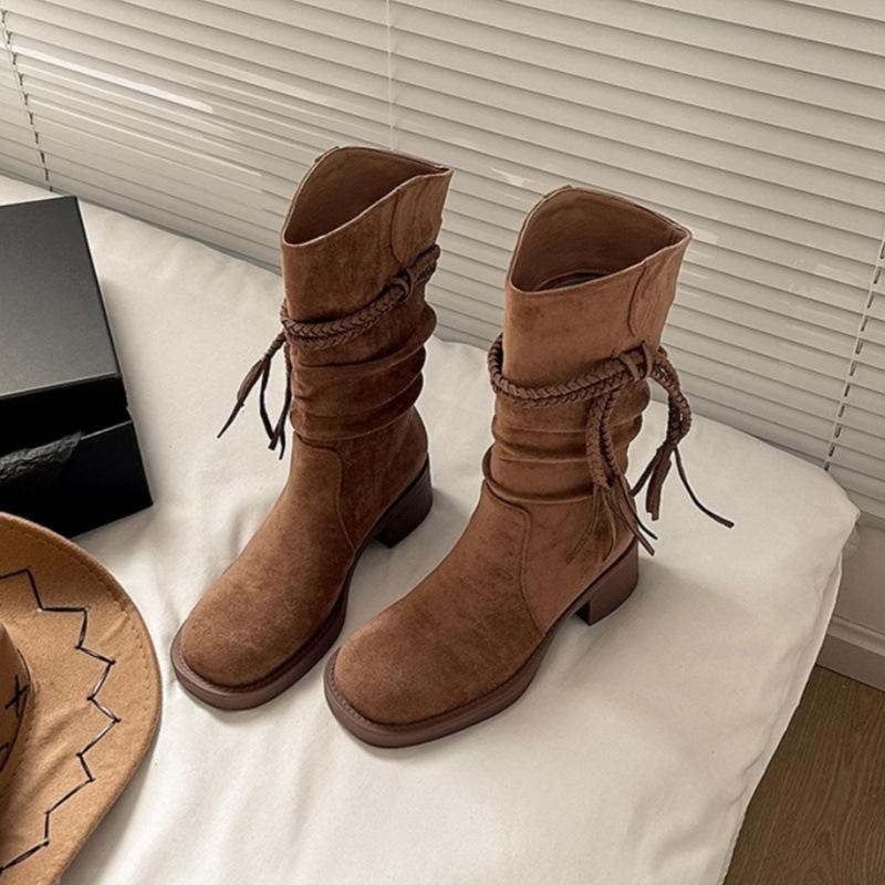 

2025 Spring and Autumn Retro Wasteland Wind Fringed Knight Boots Thick Heel But Knee Long Boots Skinny Pile Medium Boots Women 40