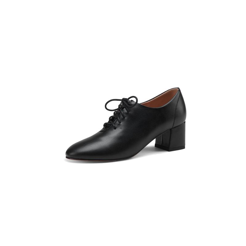 Mature Dress Women Pumps Fashion Office Ladies Thick Heels Round Toe Genuine Leather Lace-Up Shoes Woman 2024 New Spring Autumn