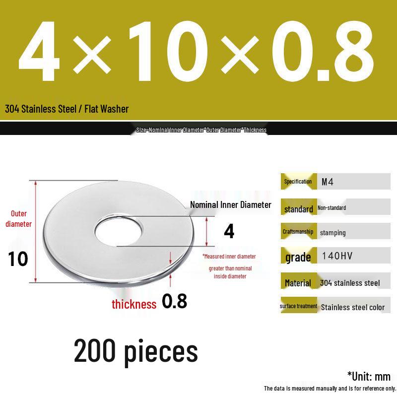 304 Stainless Steel Thickened Flat Washer Set, Sizes 2-36