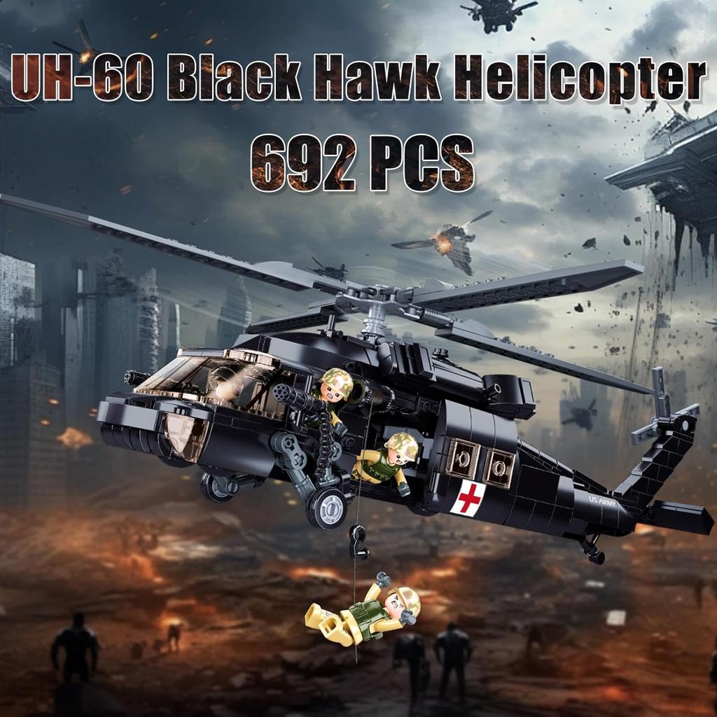 UH-60 Helicopter Black Hawk Model, Military Army Airplane Building Set, Helicopter Toy Kits Including 4 Soldier Minifigures, Gifts for 6-12 Year Old