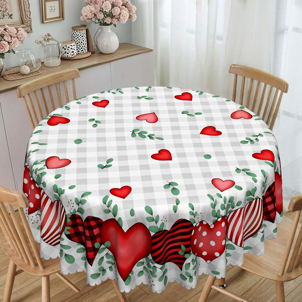 Couple Love Plaid Tablecloth, Green Leaf, Heart Print, Waterproof Dining Table Cloth, Household Coffee Table Decorative Cloth