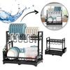 Two-Tier Dish Rack Draining Rack with Cutlery Tray Black 42 Cm