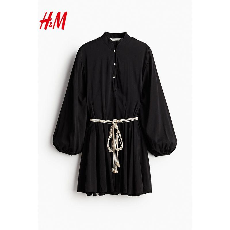 

HM Women s Clothing Dress Summer New Arrival Pleach Belt Chinese Collar Lantern Sleeve Stylish Floral Skirt 1229587 Blue/Pattern 155/80(XS)