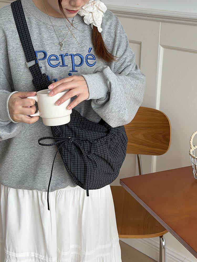 Checked Drawstring Bowknot Nyl Women's Shoulder Bags Casual Large Capacity Ladies Crossbody Bag Versatile Female Dumpling Bag