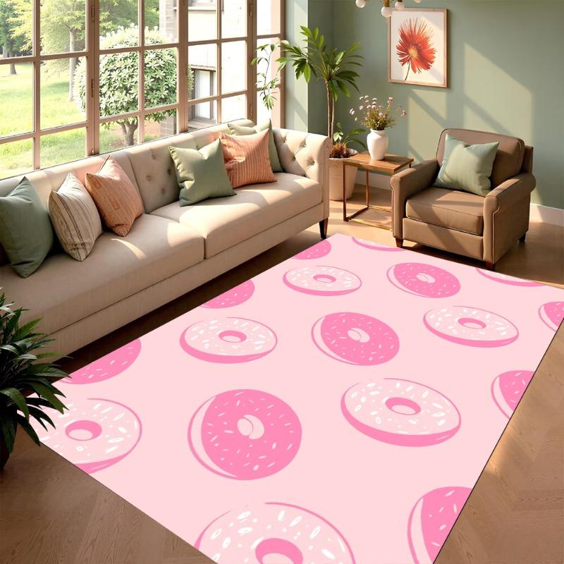 Cute Donut Pattern Area Rug Dessert Print Carpet Modern Pink Girly Home Decor Soft Non-Slip Floor Mat for Living Room Bedroom