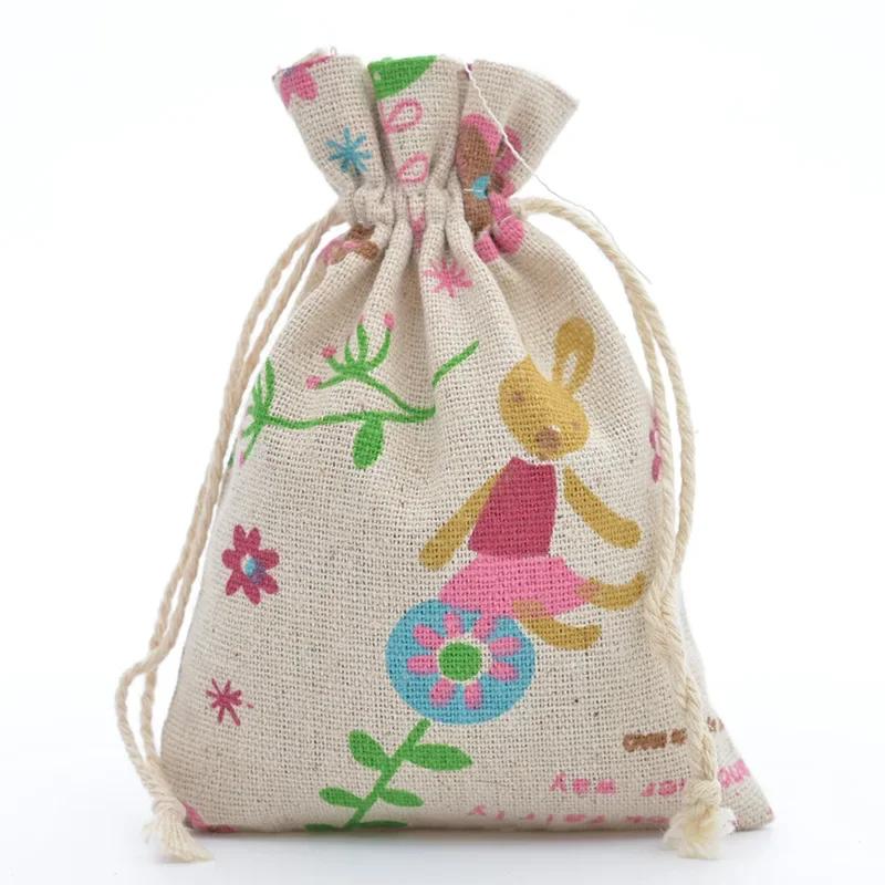 10pcs Cartoon Printing Multicolor Natural Cotton linen Wedding Children's Travel Supplies Cosmetic Sundries Storage gift Bags