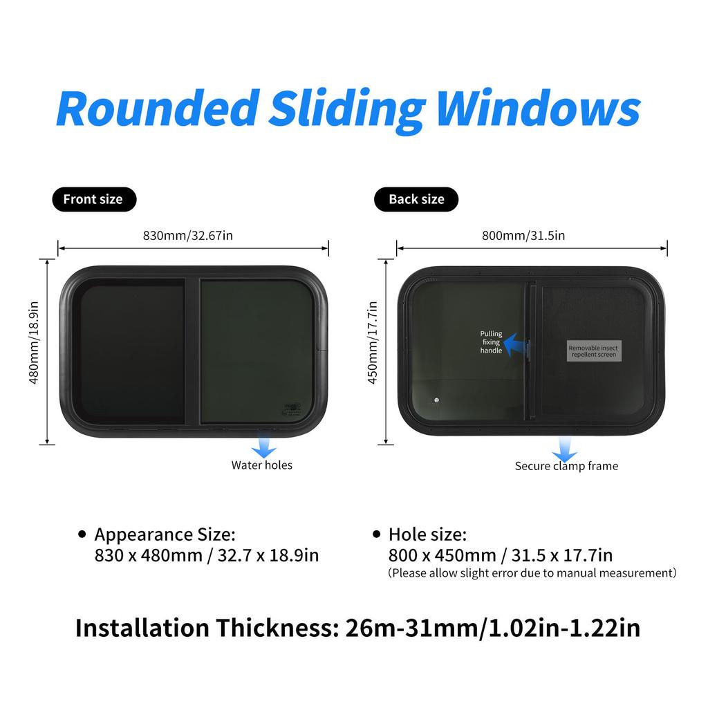 4mm Thick Tempered Glass RV Sliding Window L800 H450mm UV Resistant Insect Screen Motorhome Window for Trailer Marine Camper