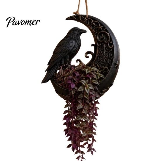 Gothic Plant Pot for Porch Halloween Hanging Planter Indoor Outdoor Use, Bat Cat Witch Raven Decorative Home Accessory Holder, Spooky Wall Mounted