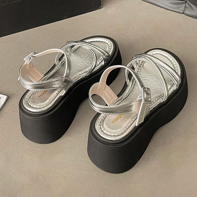 Internet Celebrities with Sandals Women Wear 2025 Summer New French Open-toe Thick-soled Heightening Beach Roman Shoes