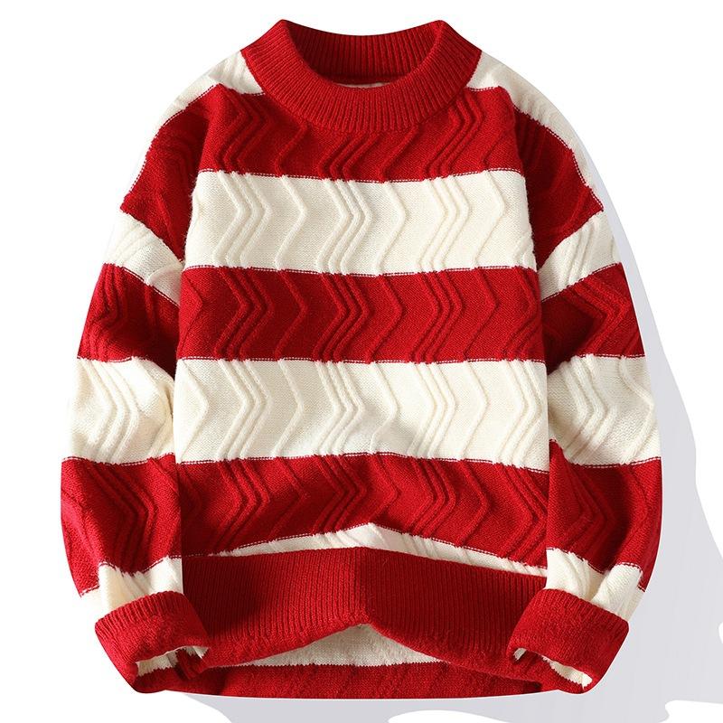 Gestreifter Pullover Herren Herbst und Winter Hong Kong Stil Locker Partner Outfit College Stil Strickpullover Faul Rundhals Garn