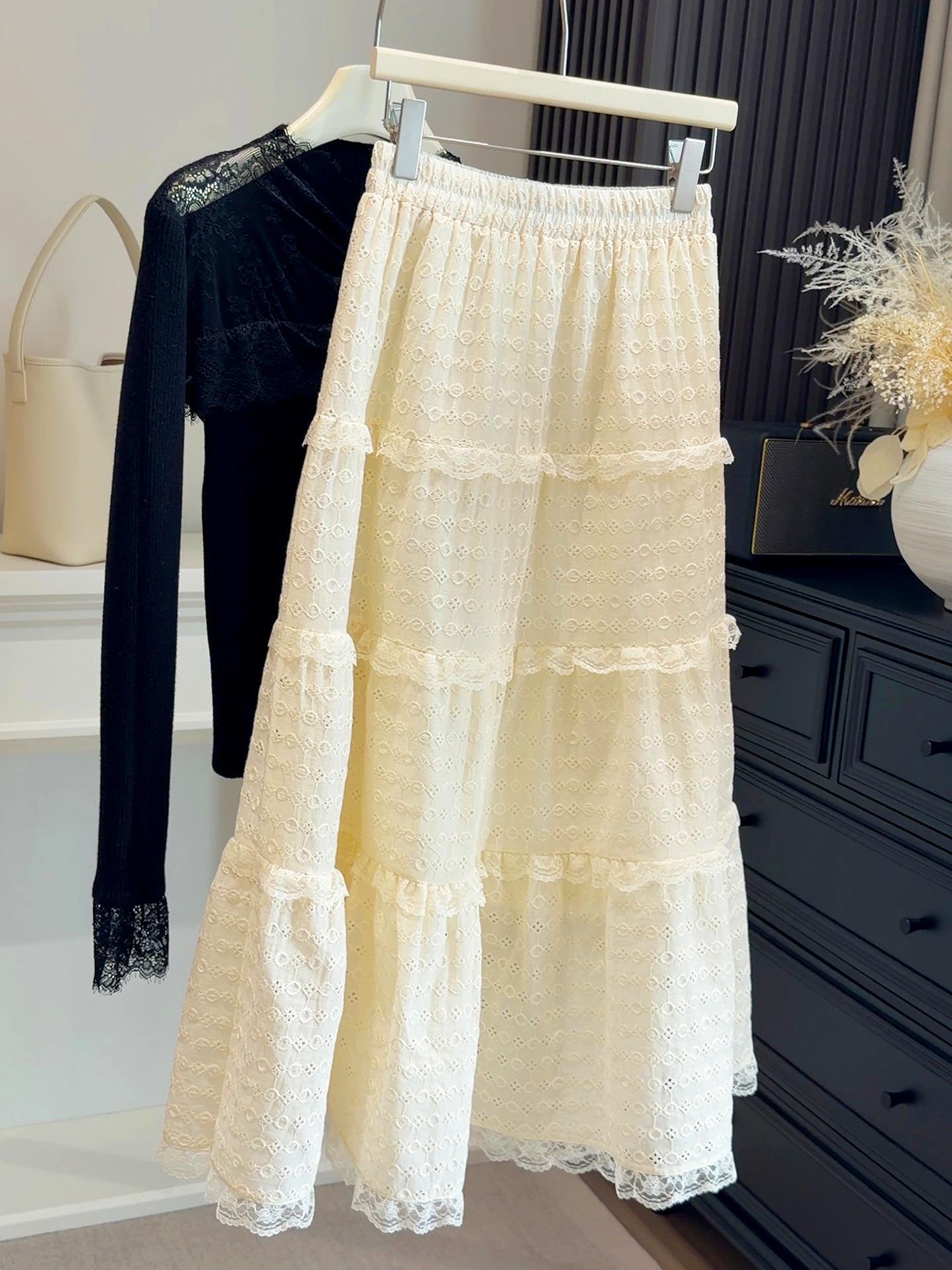 2026 Spring/Summer Women s High-Waisted Slimming Lace A-Line Layered Skirt One Size абрикосовый