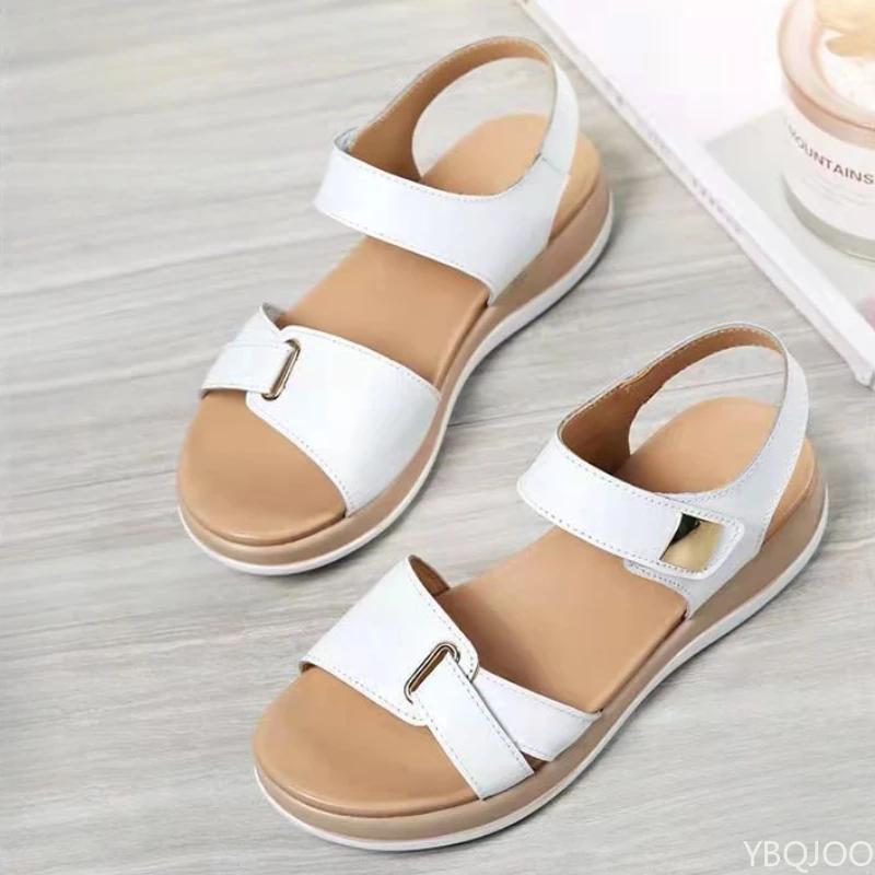 Women Leather Shoes Open Toed Female Flats Sandals Shoes Summer Soft Soled Non Slip Beach Sandals Large Size Zapatos Mujer