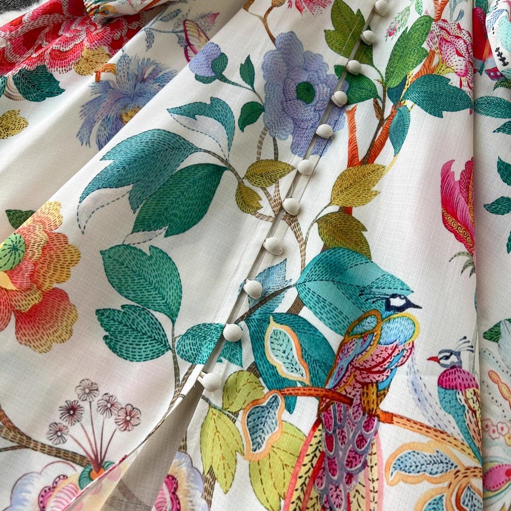 Elegant Linen Floral Holiday Robe Dress Women Spring Summer Stand Long Lantern Sleeve Sashes Vestidos Floral Print Clothes