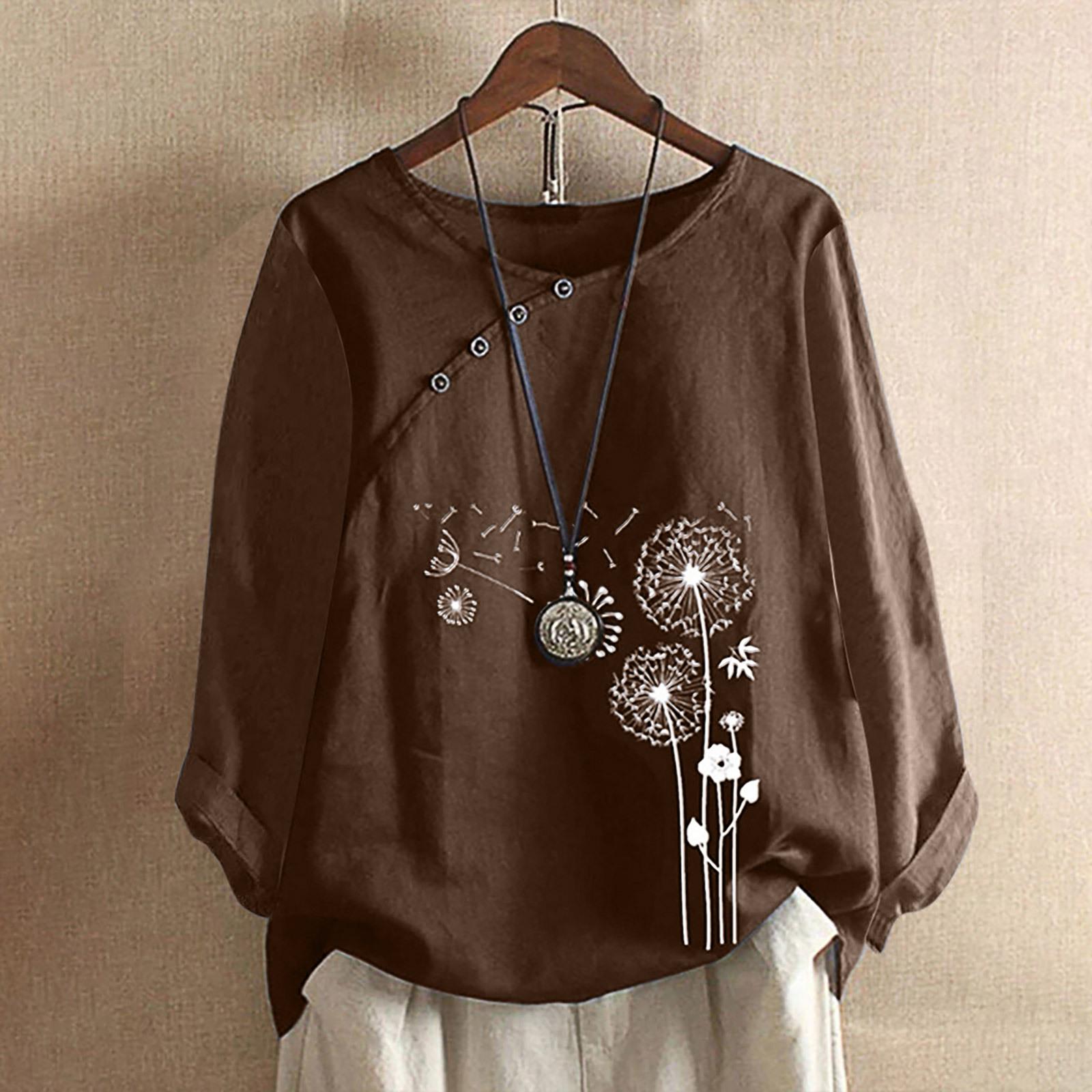 

Жіноча блузка з квітковим принтом великого розміру 5XL, бавовняна лляна сорочка з довгим рукавом, весна-осінь, жіночий топ, повсякденна блуза на ґудзиках M темно-коричневого кольору