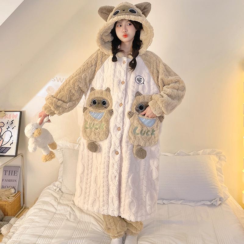 Women's Winter Plus Velvet Coral Fleece Nightgown - Cute Thick Flannel Home Wear