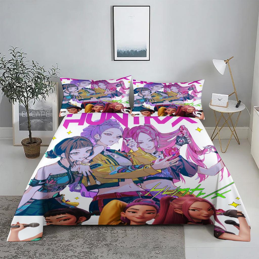 Golden Demon Hunters K-pop Bed Sheet Set 3D Printed Bed Flat Sheet With Pillowcase Bed Linen King Queen Size