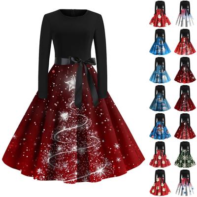 Women's Fashion Round Neck Casual Slim Christmas Printed Long Sleeve Dresses