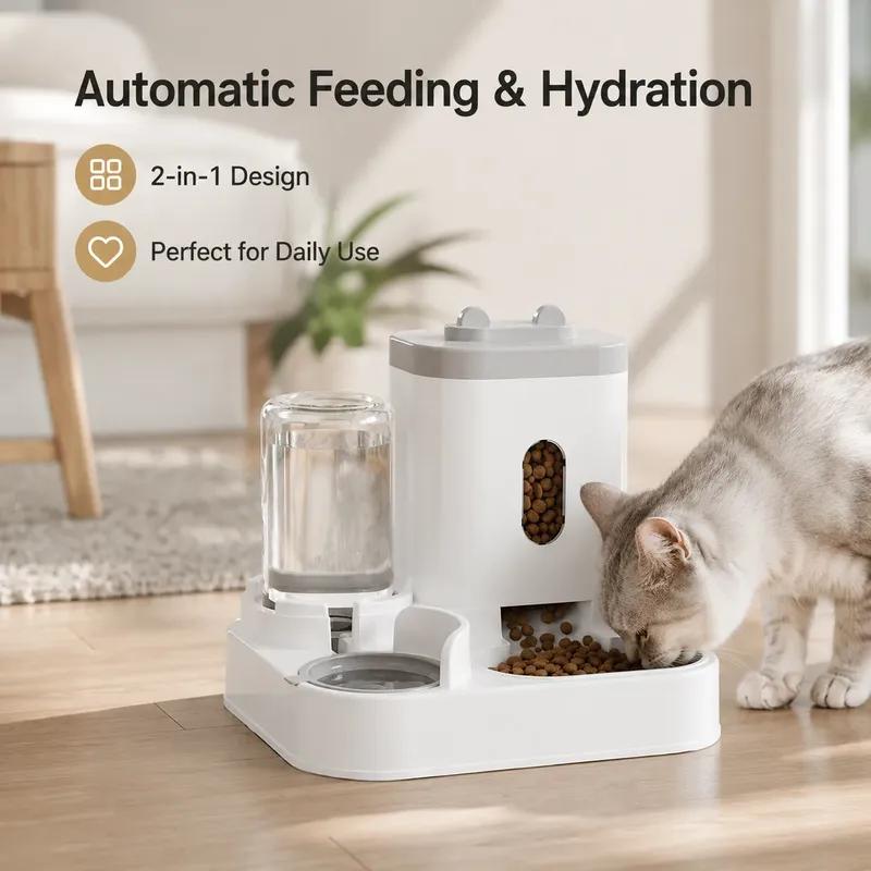 Auto Dog Cat Feeder with Water Dispenser, Gravity 2-in-1 Food & Water Station for Puppy Kitten