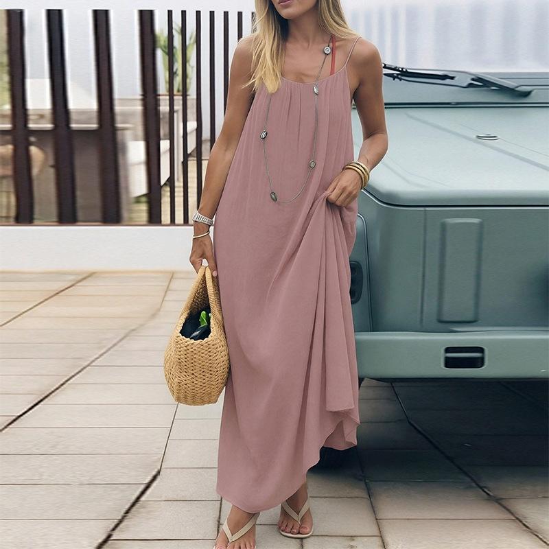 Casual Effen Losse Jurk Voor Dames Sexy Mouwloos Spaghetti Bandjes Rugloos Vetersluiting Avondjurk Femme Vakantie Strandfeest Kleding Nieuw