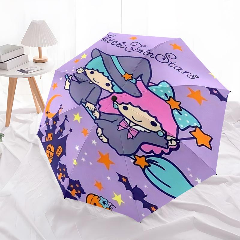1pc Little Twin Stars Halloween Witch Broomstick Automatic Open/Closed Umbrella - Portable Tri-Fold Design with 8-Rib Iron Frame, Outdoor for Fans, Tr