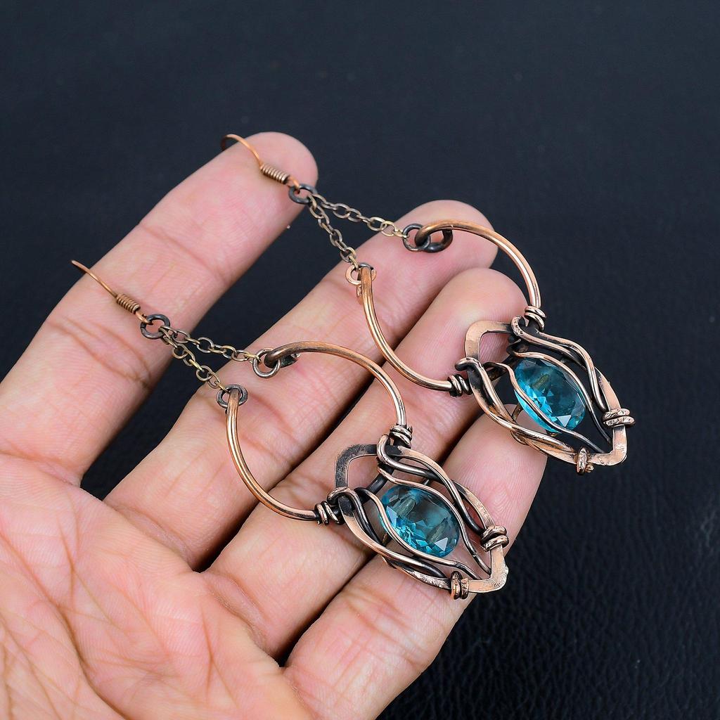 Blue Topaz Earrings, 999 Copper Wire Wrapped Gemstone Jewelry, Handmade Earrings, For Thanksgiving