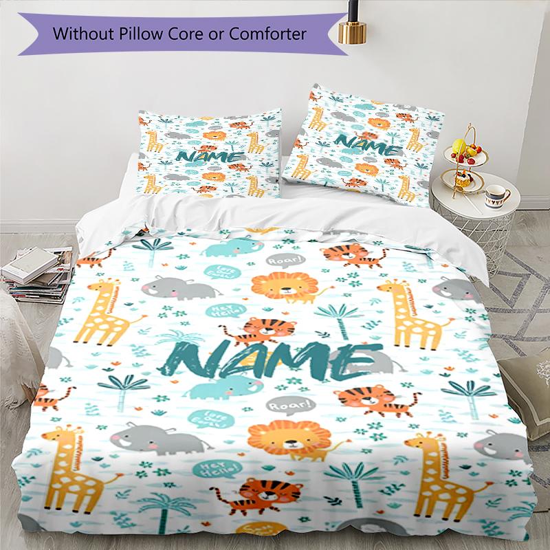 3pcs Custom Name Animals Bedding Set Duvet Cover Closure Includes 1 Duvet Cover & 2 Pillowcases, Soft and Comfortable for All Seasons.
