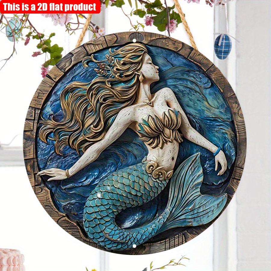 2D Flat 20*20cm1pc Cartoon blue mermaid pattern Round Pendant, Blue Beautiful Dreamy Style Art plaque, Suitable for Bar&corridor&Girl bedroom&window