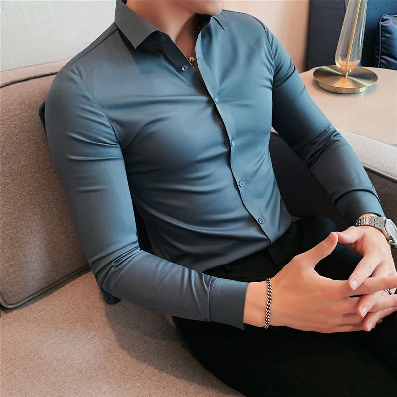 British Style Men Dress Shirts Long Sleeve Business Formal Wear Slim Fit Casual Office Shirt