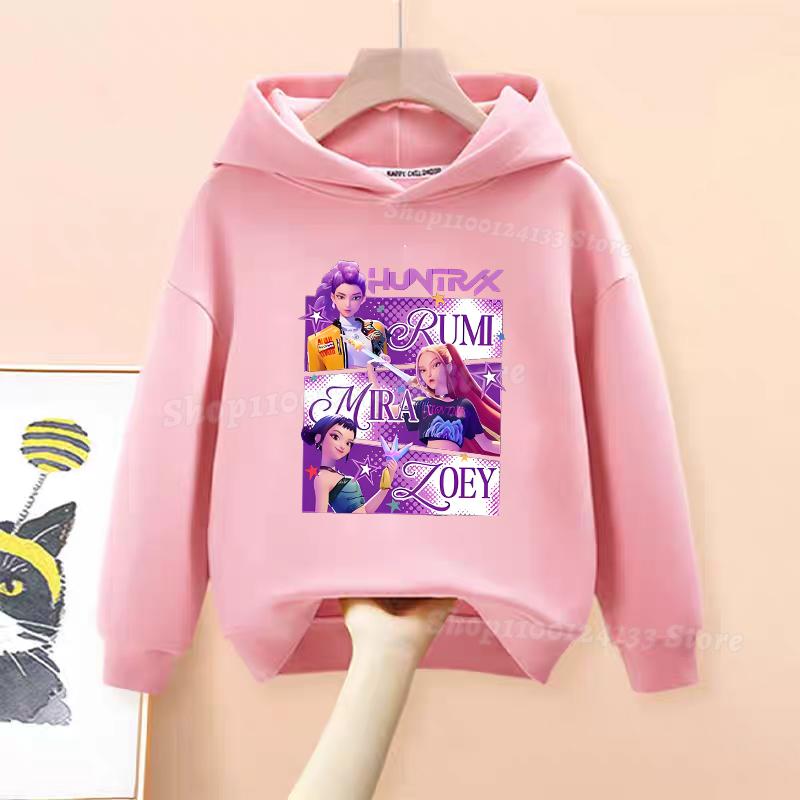 Demone Hunter Girl's Pink Hooded Streetwear Autumn Cute Anime Baby Pullover Kids Y2K Kawaii Long Sleeved T-shirt Casual Clothes