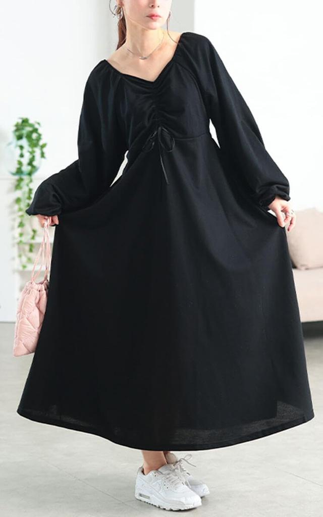 Gold Japan Plus Size Long Solid Perfect for and Size Black fem-615 Women's Dress, Sleeves, Flared, Drawstring, Ribbon, Color, Stretch, Fall, Winter,