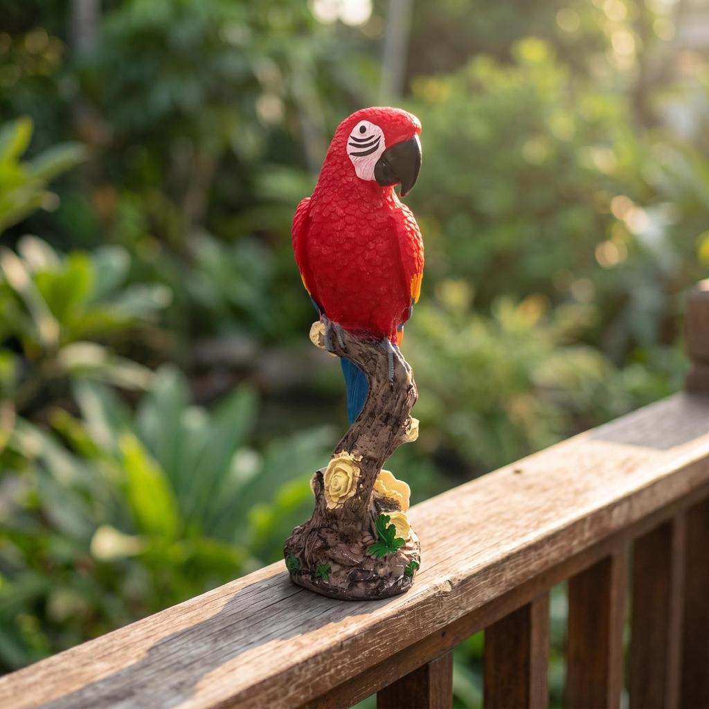 Parrot Figurine with Tree Trunk Base Vibrant Carved for Garden