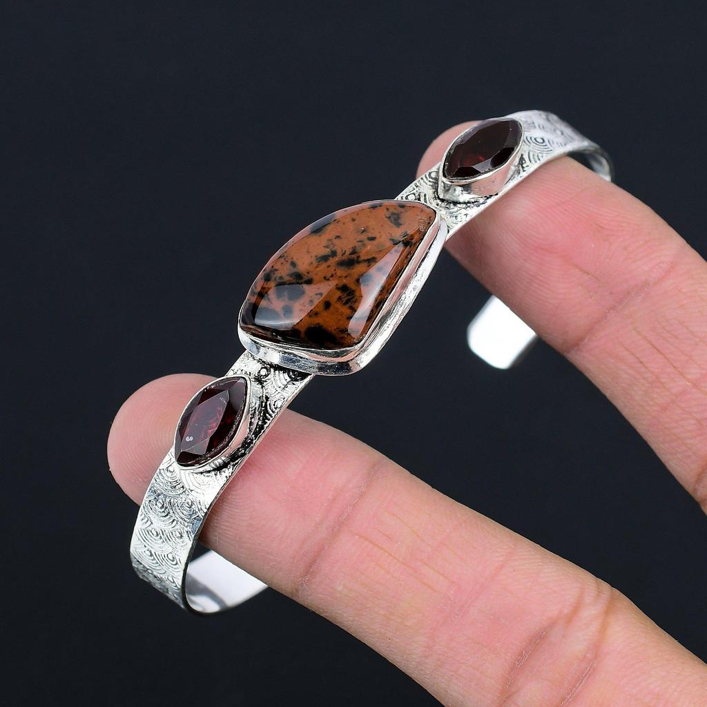 Natürlicher Mahagoni-Obsidian Granat Tochter Armreif 925 Sterlingsilber