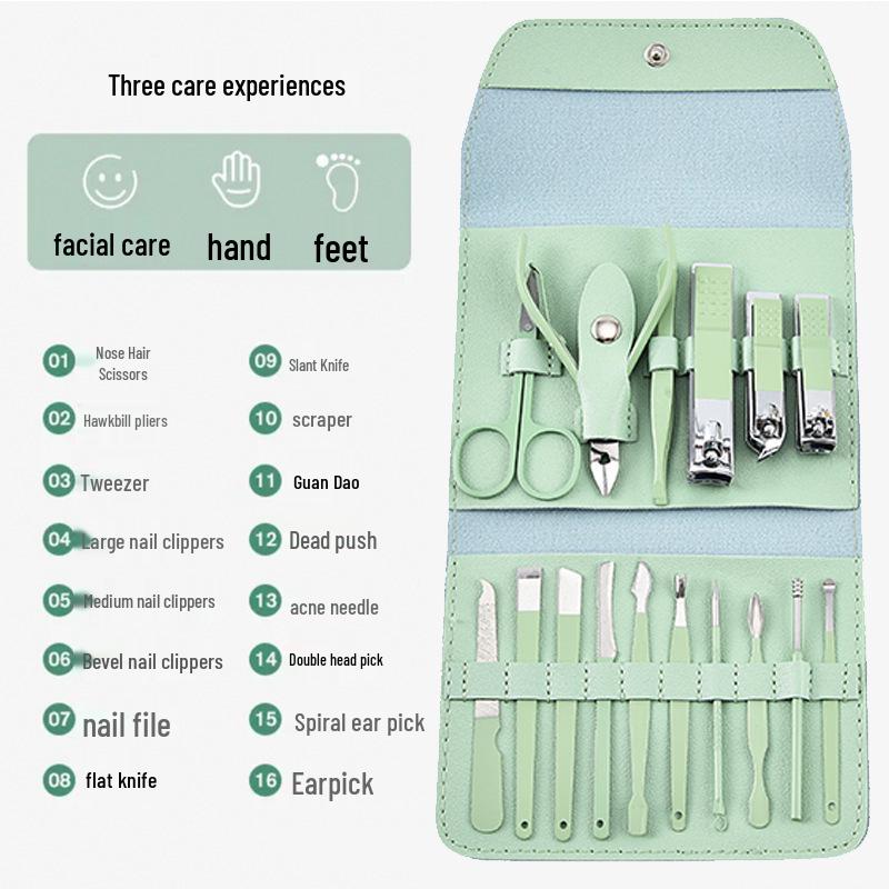 16-Piece Green Manicure Nail Art Set with Nail Clippers for Home Use