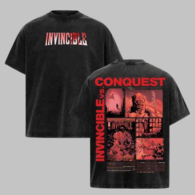 Maglietta Invincible vs Conquest Lavaggio Acido T-shirt Mark Grayson Regalo per Fan di Fumetti Top da Uomo