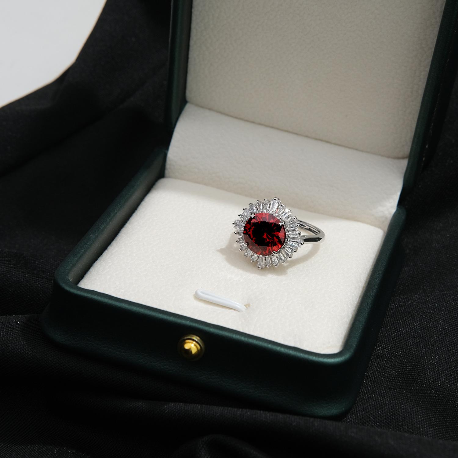 925 Sterling Silver Exquisite Fashion Sunflower Red Zircon Full Diamond Ring Birthday Anniversary Wedding Party Gift