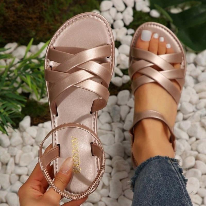 New Large-sized Flat Sandals for Women, Elastic Cross-band Beach Shoes for Women