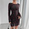 Women Evening Party Flare Sleeve O Neck Bandage Backless Mesh  Love Heart Printed Package Hip One Piece Dress