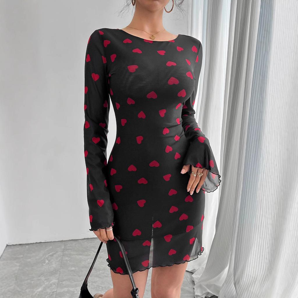 Women Evening Party Flare Sleeve O Neck Bandage Backless Mesh  Love Heart Printed Package Hip One Piece Dress