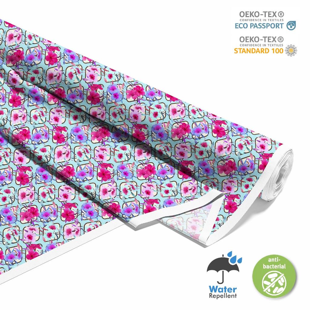Outdoor Dekostoffe Oxford - Motiv Hibiskus Auf Blauem