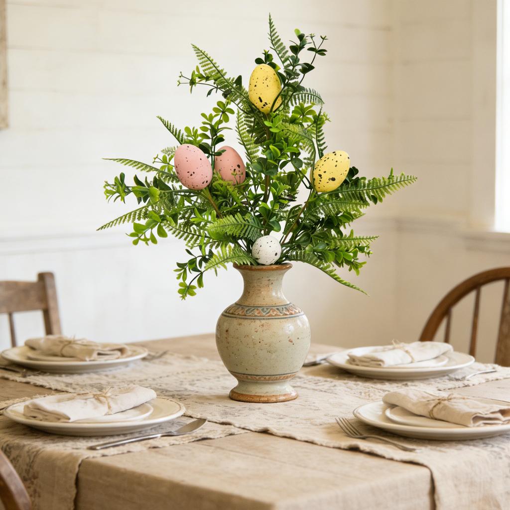 Easter Egg Branch With Foam Speckled Eggs, Festive Green Plant Decoration, Artificial Single Egg Branch.