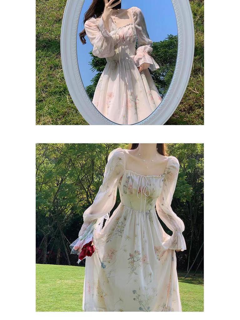 2025 Floral Chiffon Tea Dress: Sweet Long Sleeve French Princess Style