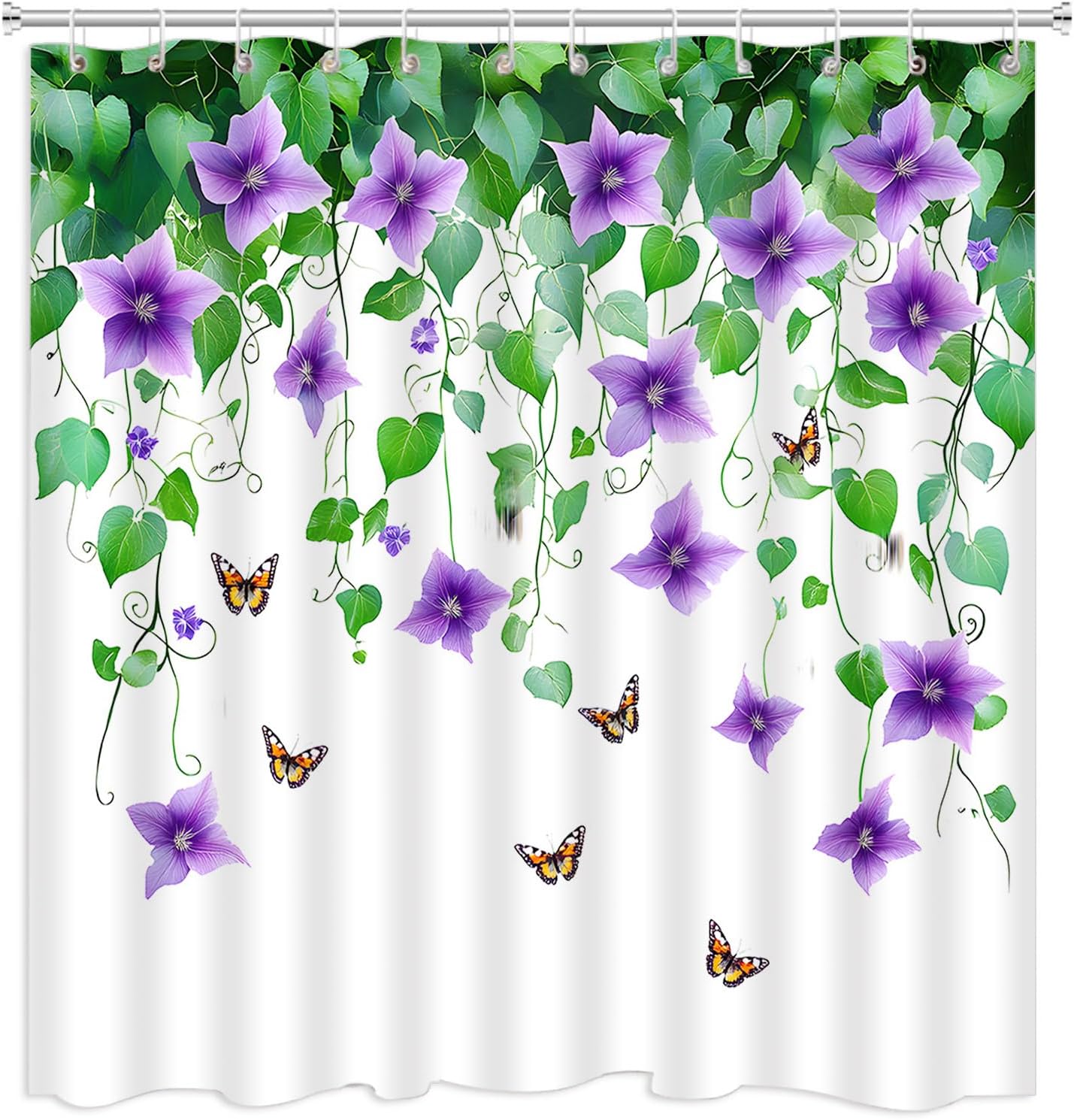 

Purple Floral Shower Curtain Green Leaves Vines Butterfly Rustic Farmhouse Flower Plants Spring Nature Bathroom Decor Polyester W60H190(CM)-1 Pcs
