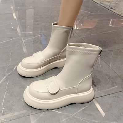 Boots Women's Autumn and Winter New Round Head Retro Muffin Thick-soled Thin Boots Rear Zipper Casual Medium Tube Fashion Boots