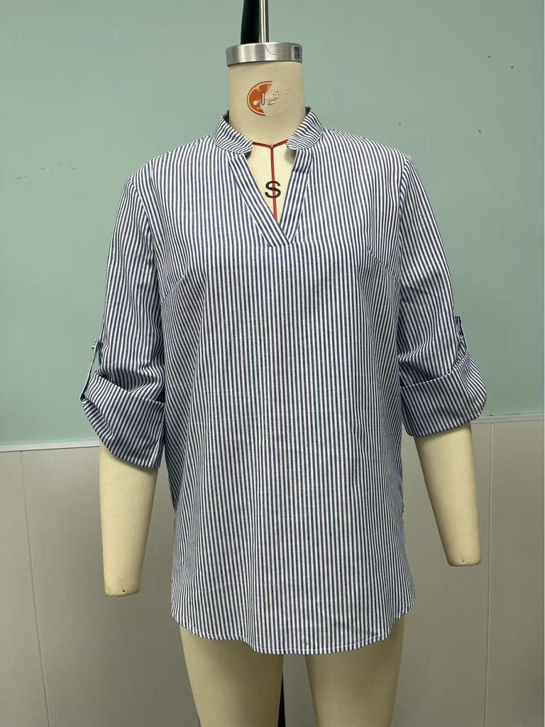 In Stock 2025 V-neck Casual Striped Long-Sleeved Shirt for Spring and Autumn in Europe and America Style