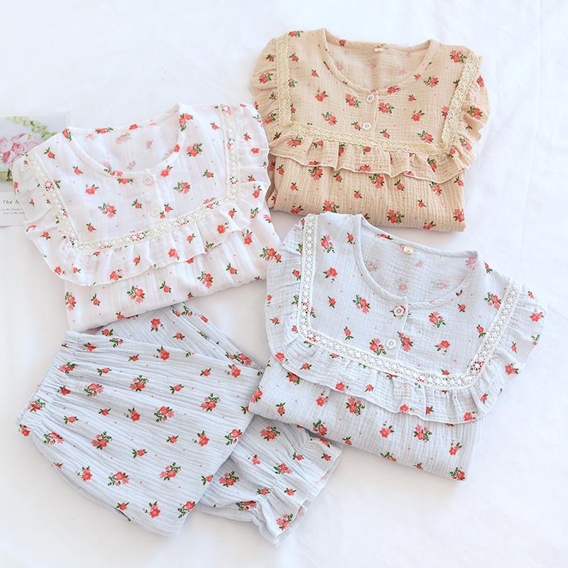 New spring and summer ladies pajamas long-sleeved trousers two-piece cotton crepe large size flower pullover home service suit