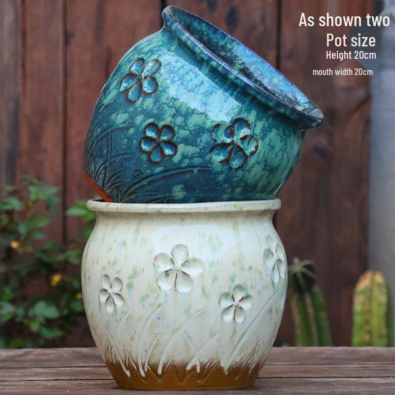 Handmade Embossed Rose Ceramic Pot for Succulents - Tall, Breathable Coarse Pottery Planter