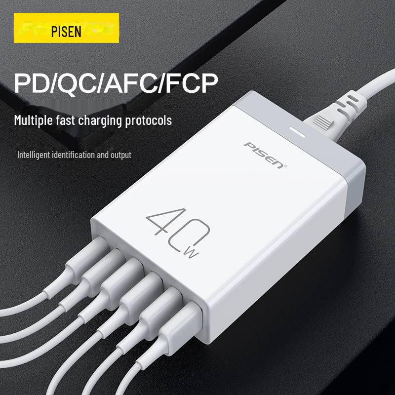 PISEN 40W 6-Port Fast Charger, 4 USB, 20W PD for Apple & Android