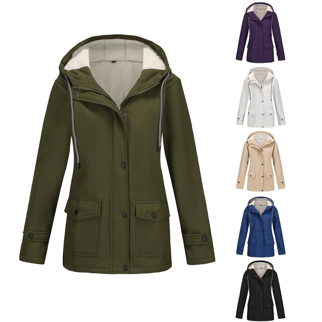 European and American Style Women's Hooded Windbreaker Coat, Fleece-lined, Waterproof, Suitable for Spring and Autumn.