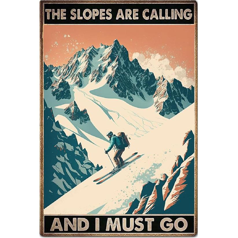 Metal Wall Art, Ski Sign, Tin Sign, 12x8 Inch, Metallic, Rustic, Retro, Home, Office, Sports Themed Spaces, Retro Decor