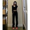 Women's Black High-Waisted Straight-Leg Jeans, Loose Wide-Leg, Floor-Length, 2025 Spring Trend